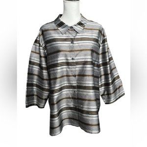 Coldwater Creek 3X 100% Silk Jacket Button Gray Black Striped 3/4 Sleeve FLAW